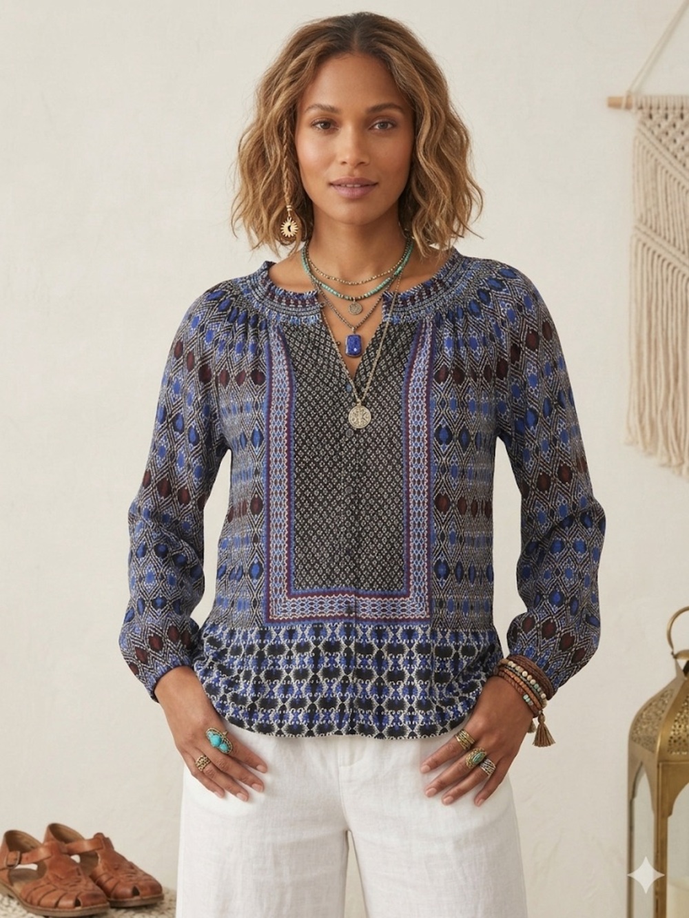 LUCKY BRAND- Blue & Black Mixed Print Peasant Top